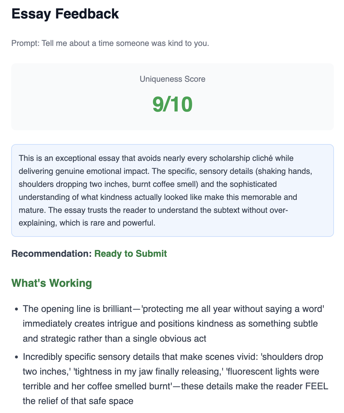Essay Coaching screenshot showing AI-powered essay feedback