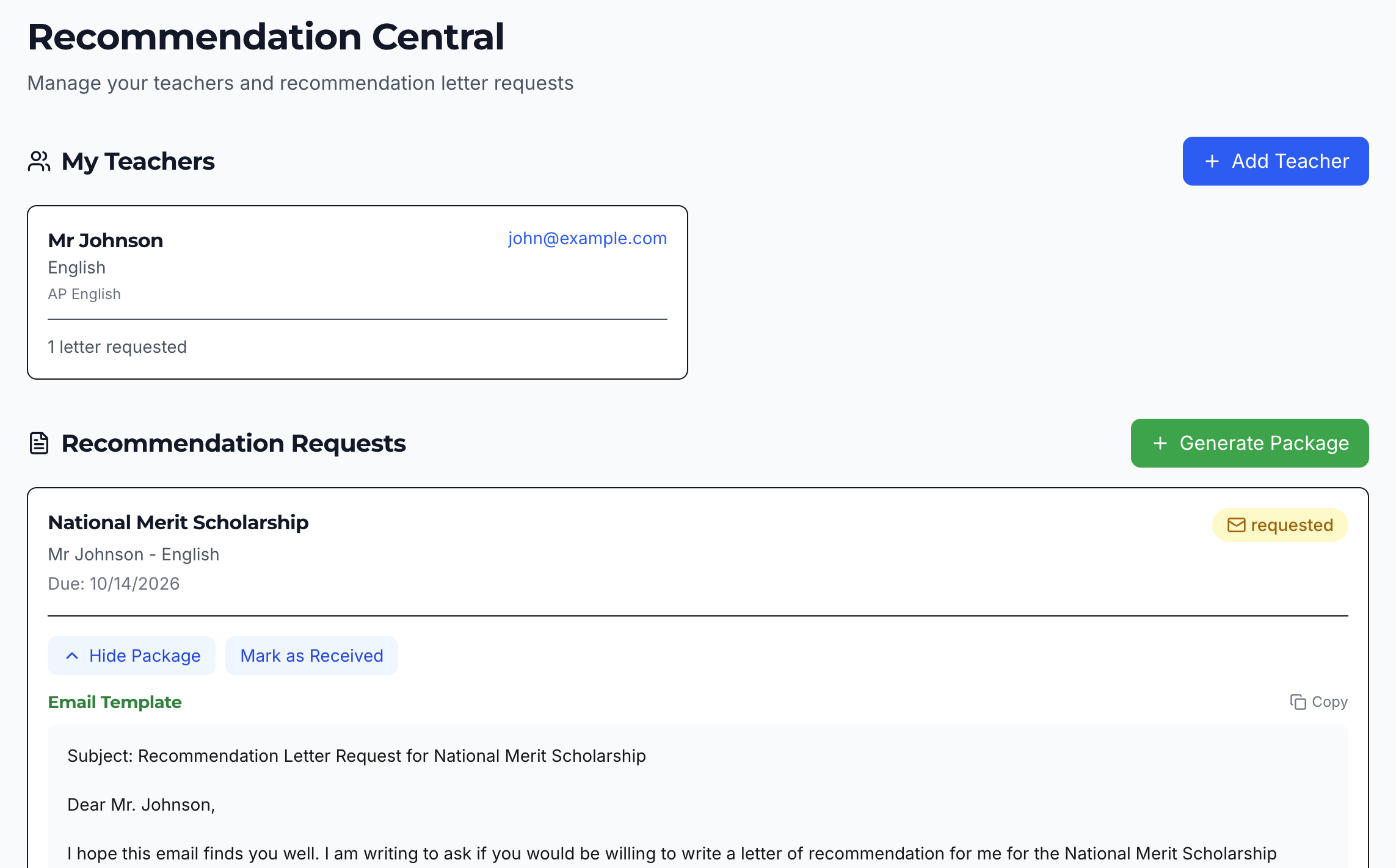 Recommendation Letters screenshot showing personalized request packages