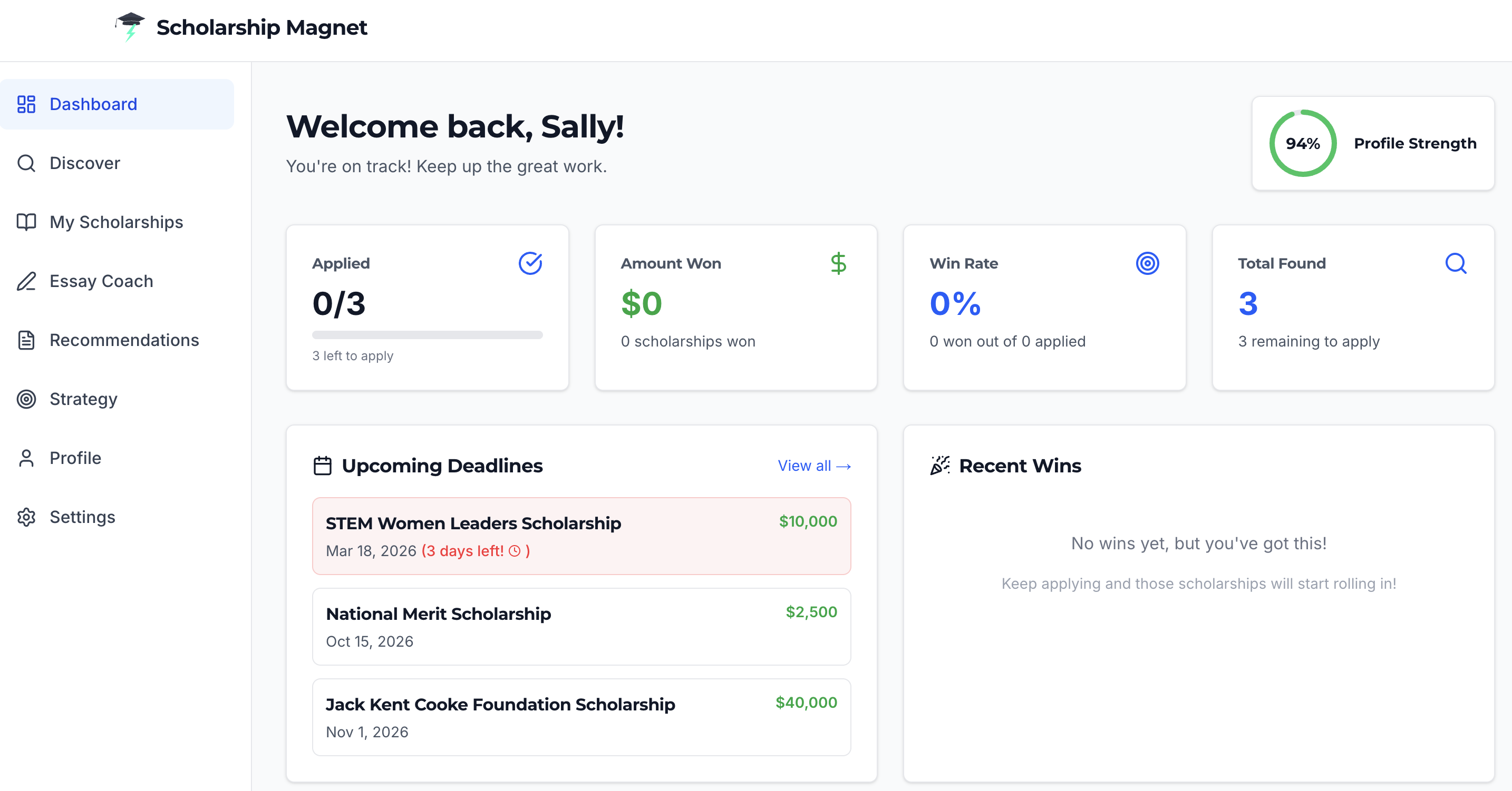 Scholarship Tracker dashboard showing deadlines and application statuses